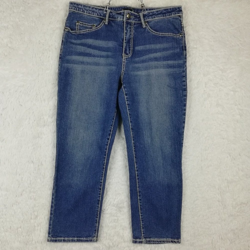 Tru Luxe Womens Jeans Capri Straight Denim Blue Medium Wash Whiskering Jewels 14